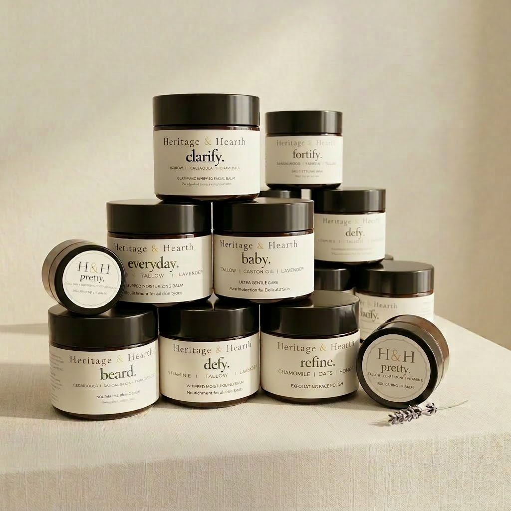 Hands whipping fresh tallow balm into a jar beside lavender and beeswax